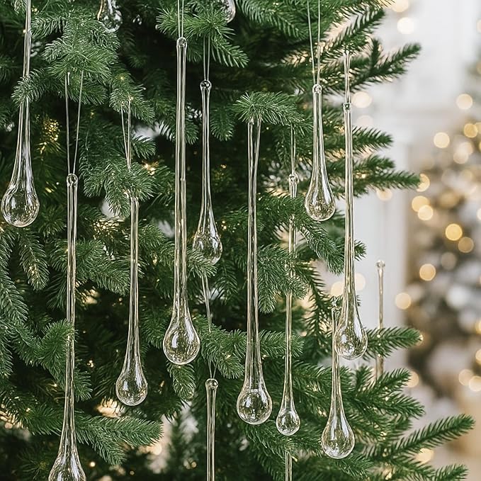 22 Pcs Clear Glass Teardrop Christmas Ornaments Crystal Raindrop Hanging Ornaments Crystal Chandelier Drop Pendant Icicles Decorations for Christmas Tree Winter Party Supplies (4 Large Size)
