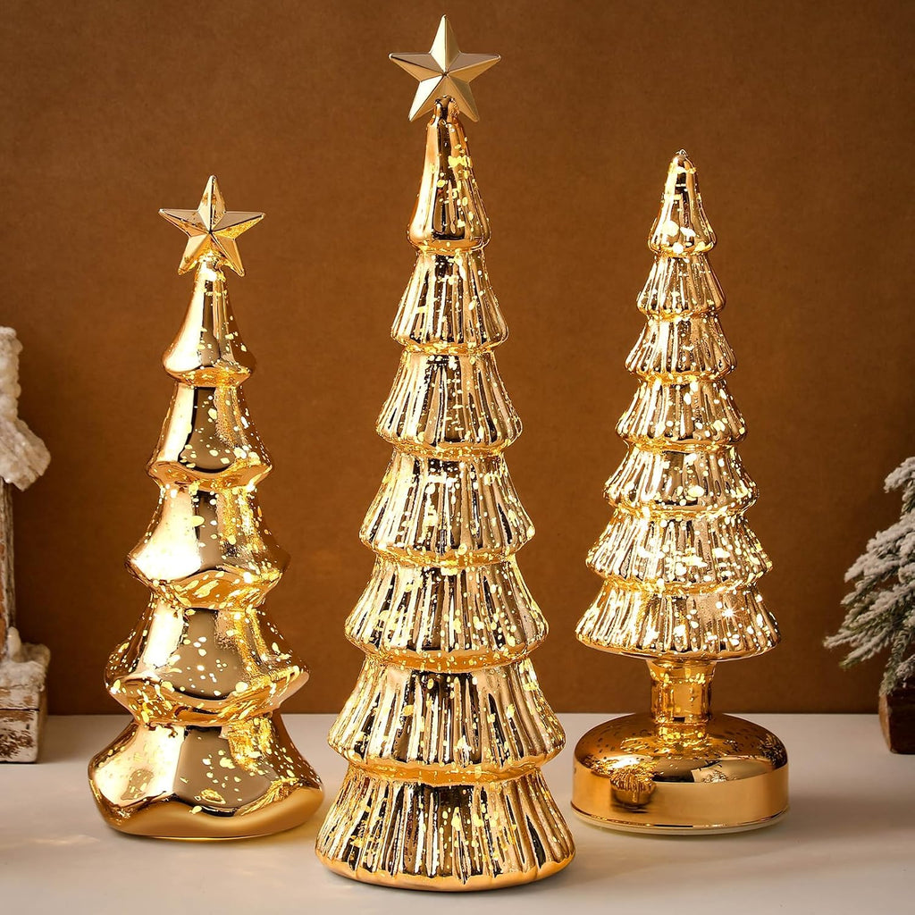 Funnymoom 3 Pack Glass Christmas Trees Light up Decor, Gold, Classic