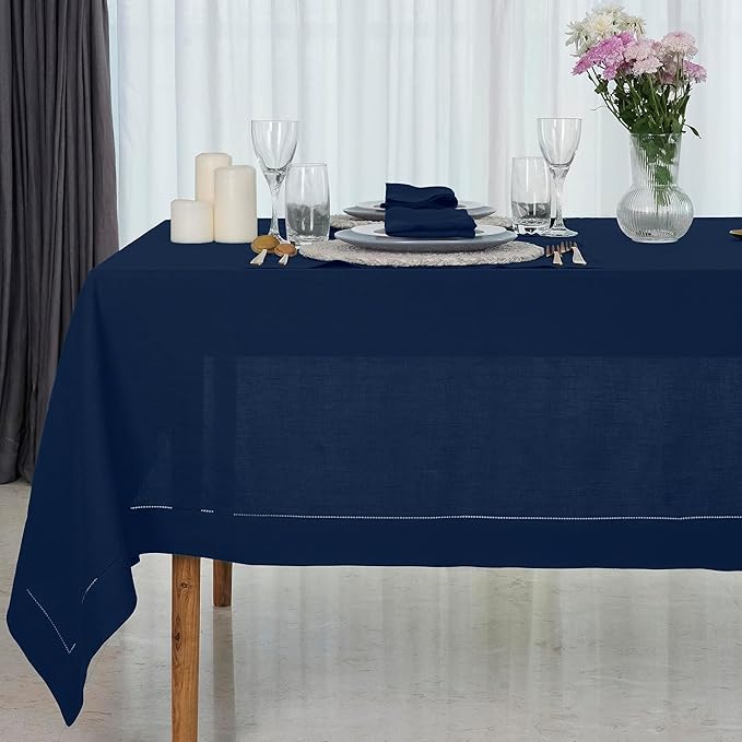 D'Moksha Homes Navy Blue Linen Tablecloth 60 x 108 Inch - 100% Pure Linen Navy Table Cloth for Rectangle Tables - Classic Hemstitch, Machine Washable Tablecloth for Fall, Autumn and Halloween