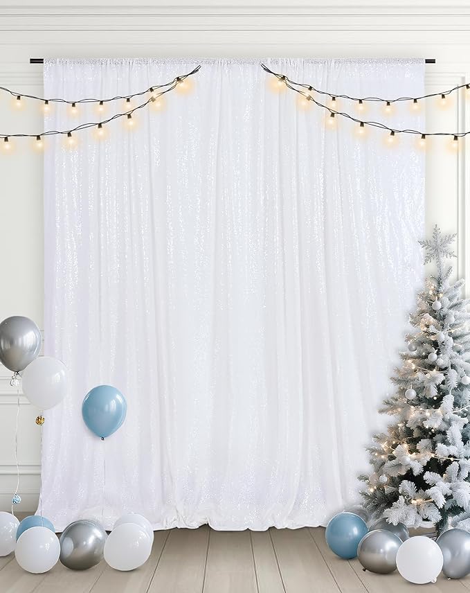 Eternal Beauty White Sequin Backdrop, 8x10 Ft Glitter Background Curtains for Christmas Shimmer Photography Party Wedding Birthday Back Drop Decor