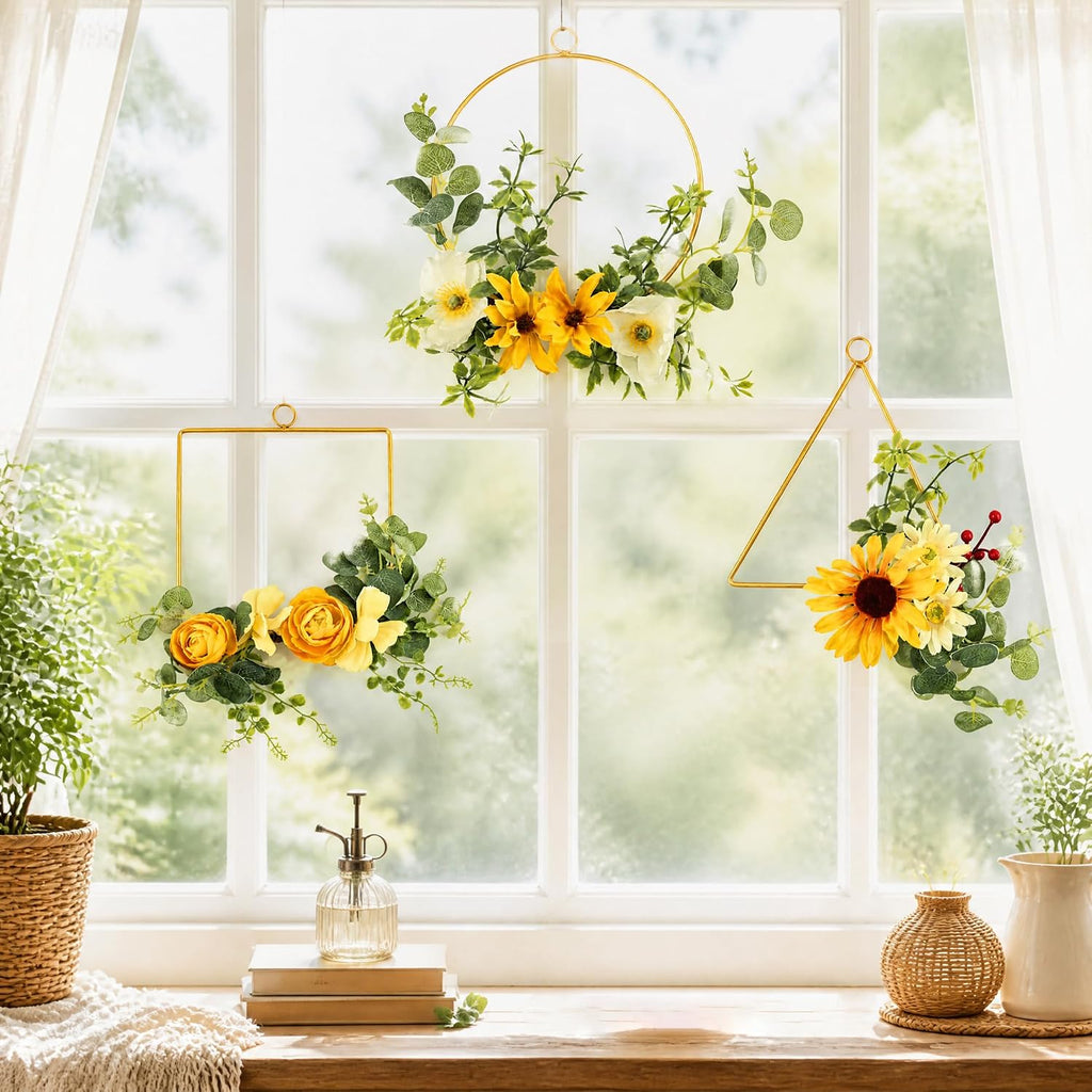 18 inch artificial sunflower wreath with burlap bow showing dimensions