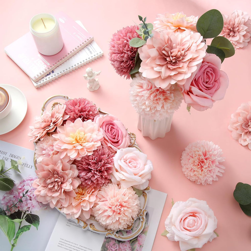 Suncalla 98pcs Artificial Flowers with Stems, Pink Color