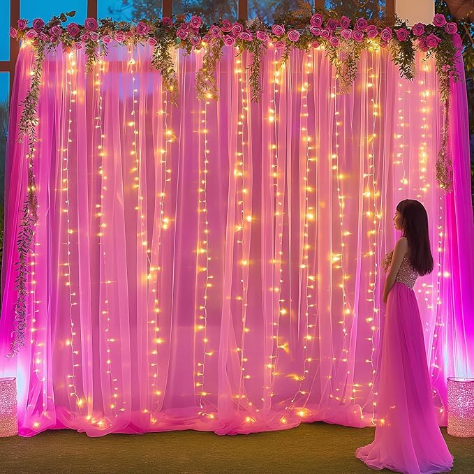 10×10ft Hot Pink Tulle Backdrop Curtain with Lights String for Parties, Sheer Photo Backdrop Curtains for Wedding Party Photography Background