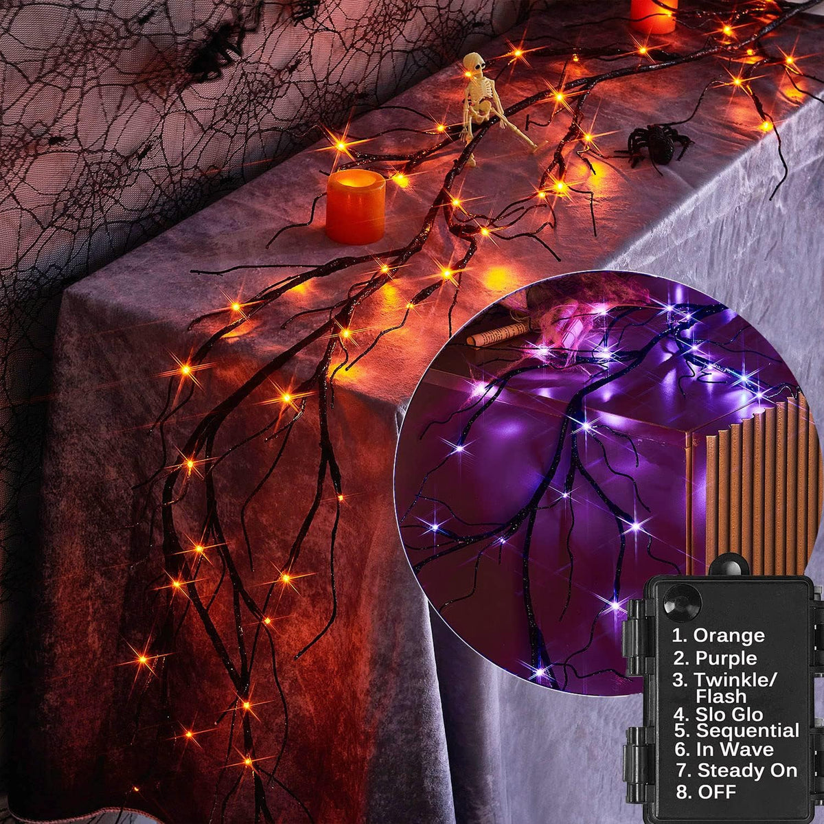 LITBLOOM Lighted Black Glittered Garland with 48 Orange and Purple Bi-Color Lights, Halloween Garland with Lights 8 Functions 6FT Battery Operated for Home Party Halloween Decoration Indoor Outdoor