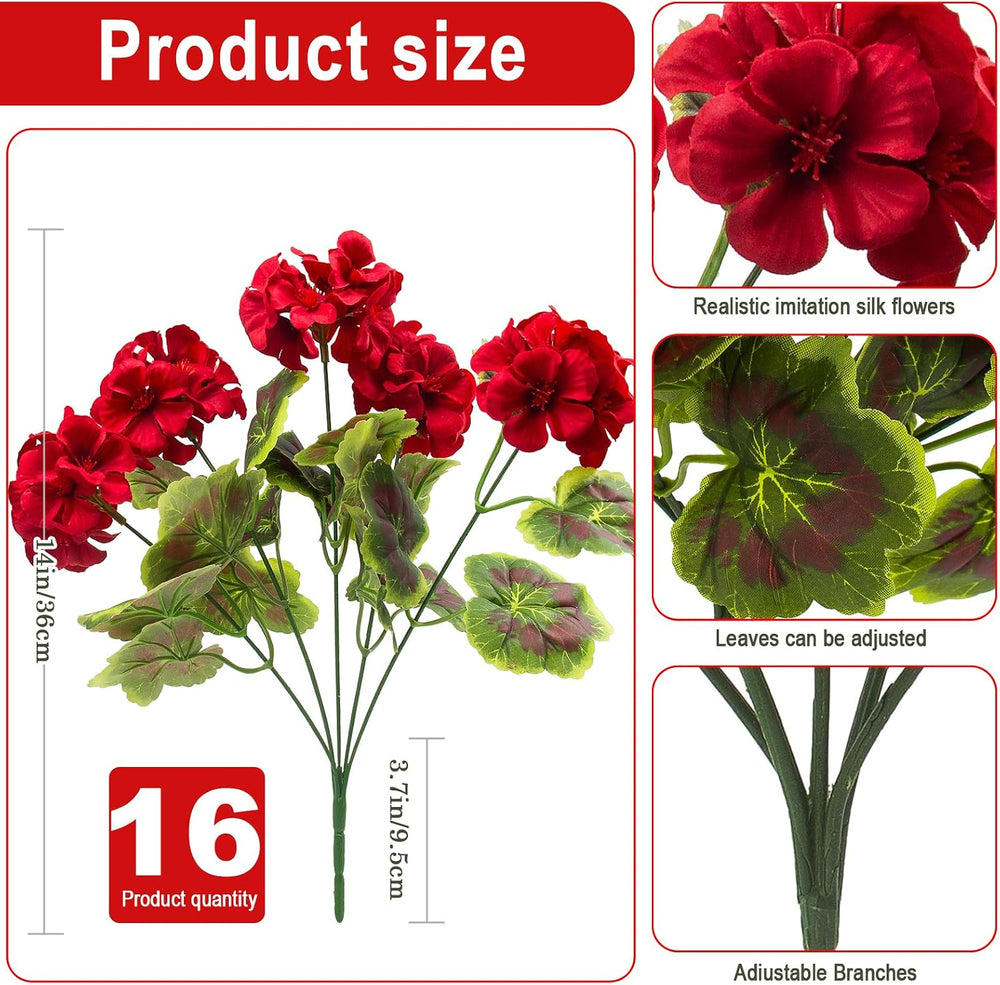 lovemoon 16 Pcs Artificial Geraniums for Outdoor Christmas Decor, Red
