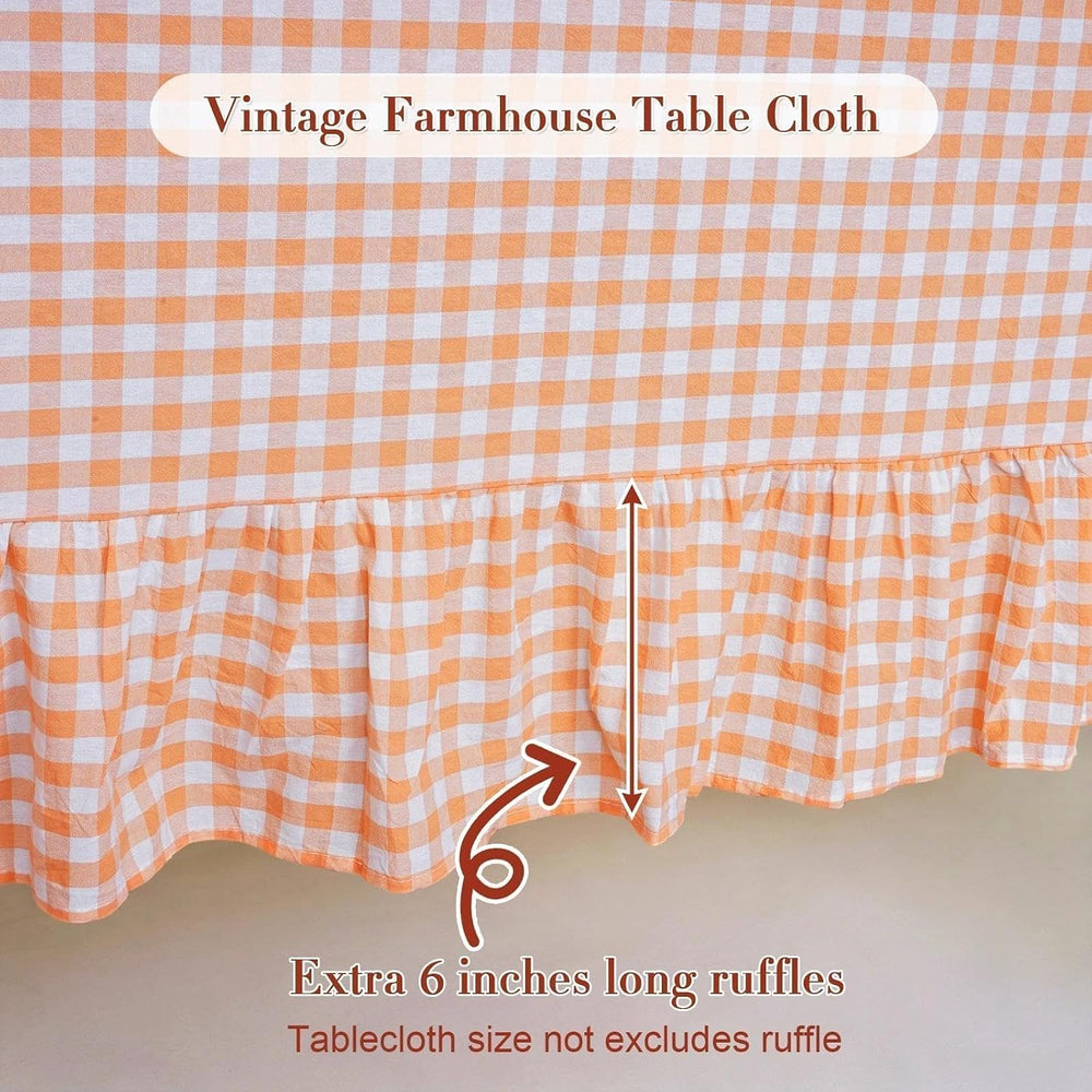 Eternal Beauty Gingham Ruffled Tablecloth Orange White 60x102 Thanksgiving