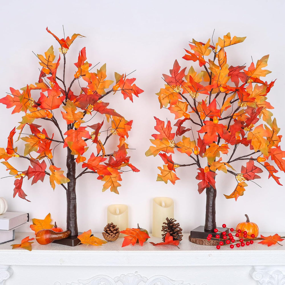 Fall Decor 2 Pack 24 Inch Lighted Maple Tree with 48 LED & Timer, Battery...