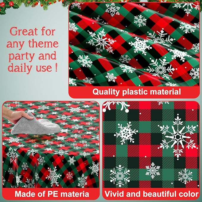 12Pcs Christmas Buffalo Plaid Snowflake Party Tablecloths Decorations,Plastic Red and Green Checkered Round Table Cover for Winter Christmas New Year Birthday Holiday Party Decorations,84 inch