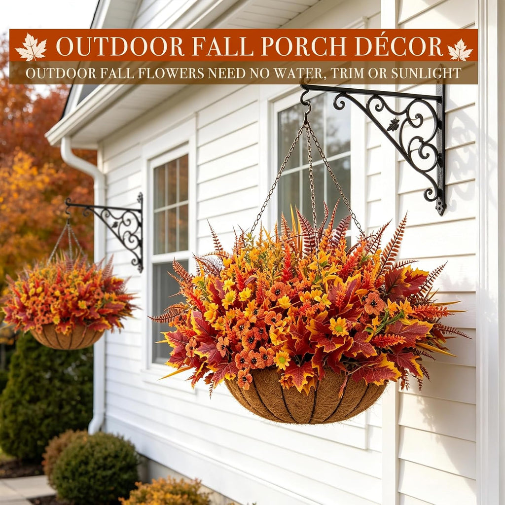 24 Bundles 6 Styles Artificial Fall Flowers Plants for Outdoors Fall Decor, Fake Faux Flower Autumn UV Resistant Orange Mums Maple Leaves Wheat Boston Fern Lavender for Thanksgiving Outside Porch Home