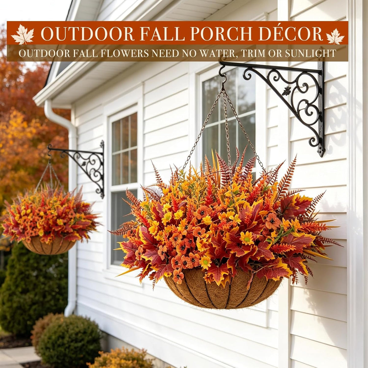 24 Bundles 6 Styles Artificial Fall Flowers Plants for Outdoors Fall Decor, Fake Faux Flower Autumn UV Resistant Orange Mums Maple Leaves Wheat Boston Fern Lavender for Thanksgiving Outside Porch Home