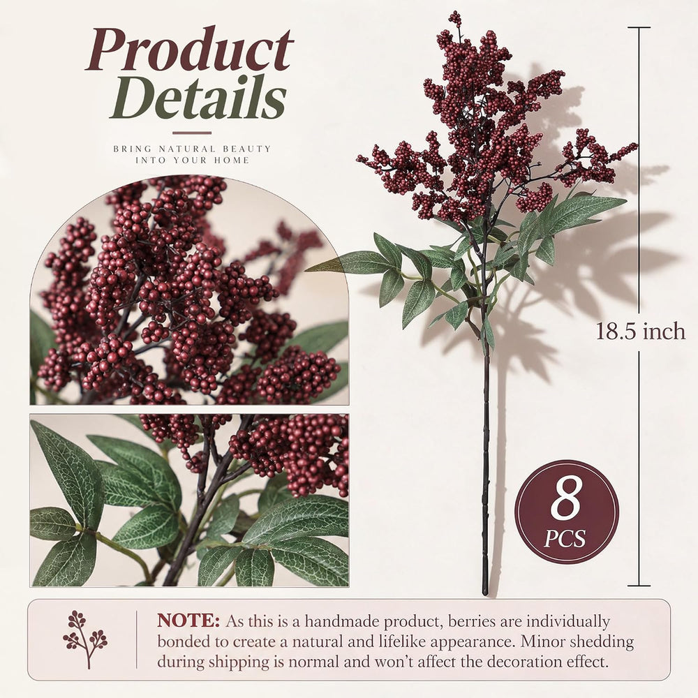8Pcs 18.5" Artificial Flowers, Red Berry Stems Fake Nandina Branches Rea...