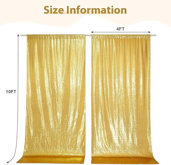 SquarePie Sequin Backdrop Curtain 8FT x 10FT Gold Satin Backing Fabric Photography Background for Wedding Patry 4FT x 10FT 2 Panels (2 PCS)
