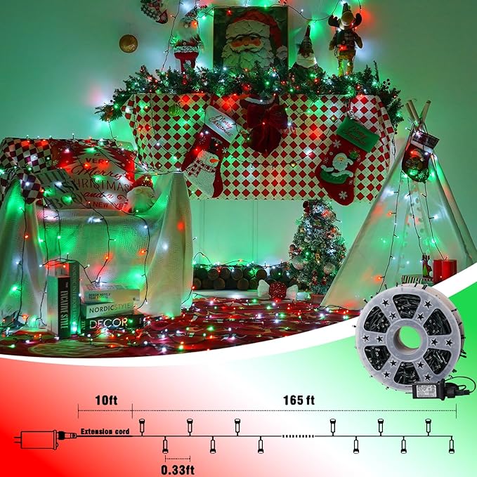 YEGUO 165ft 500 LED Christmas Lights Outdoor Waterproof, 8 Modes Red White and Green String Lights Plug in, Green Wire Twinkle Tree Lights Indoor with Timer Memory