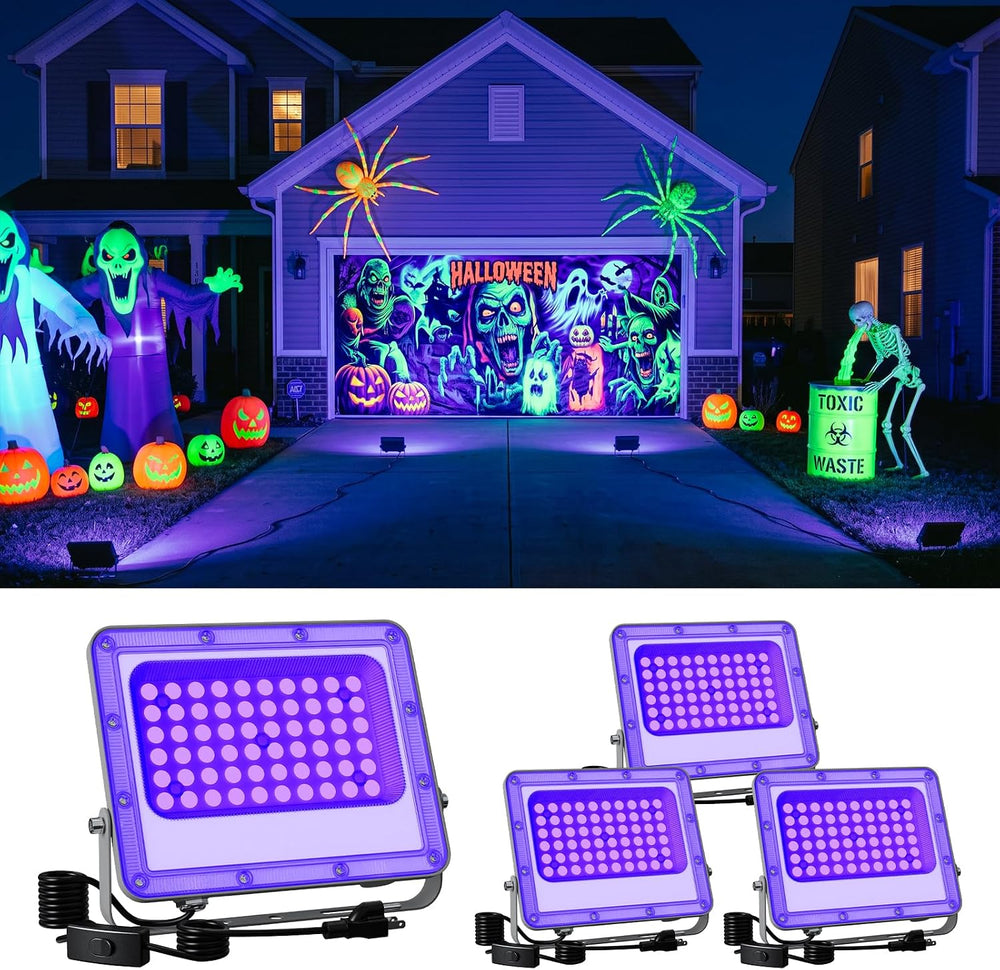 4 Pack 50W Blacklight Flood Lights for Halloween Yard Decoration