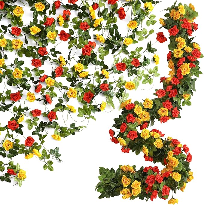 Floweroyal 6 Pack Artificial Flower Garlands 15.8FT Fake Rose Vines Silk Flowers Hanging Rose Ivy for Wedding Arch Party Home Garden Wall Decor (Orange Yellow)