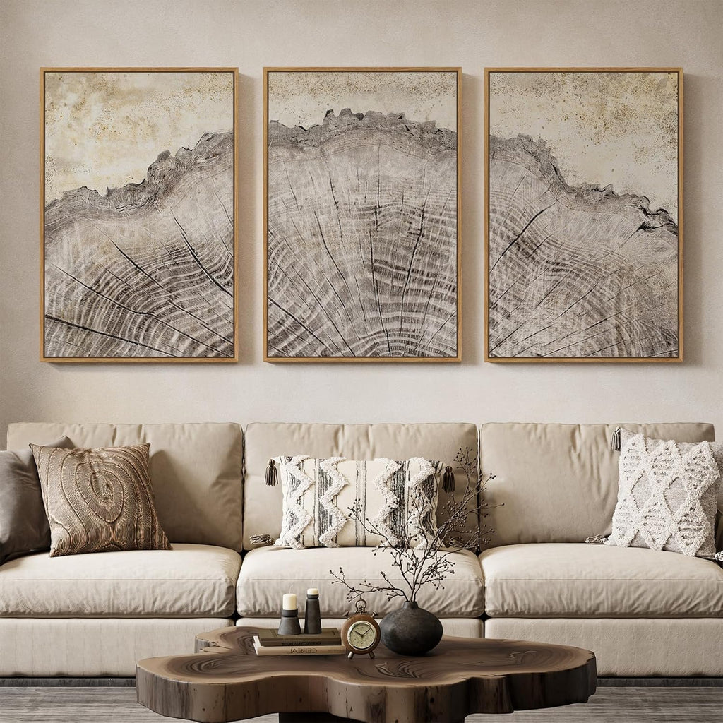 Large Framed Modern Farmhouse Tree Ring Wall Art for Living Room, 24x36 In