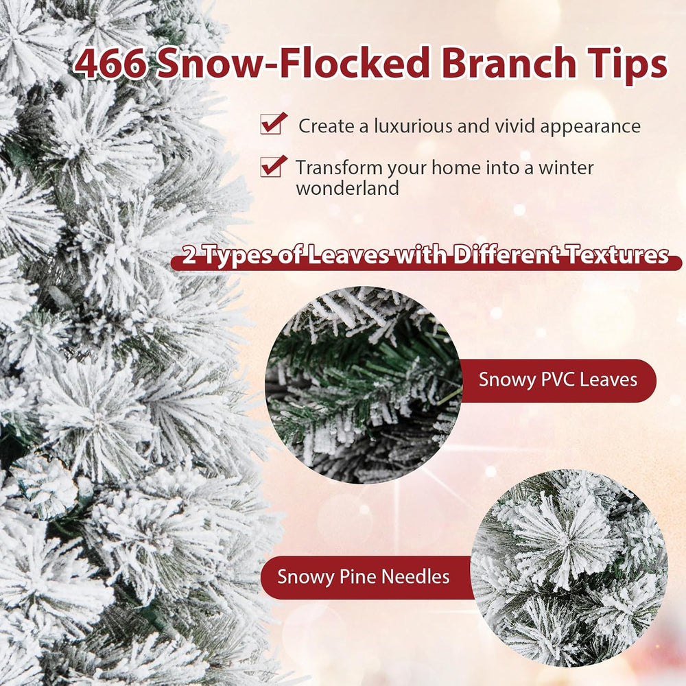 Goplus 7ft Pre-Lit Snow Flocked Pencil Christmas Tree, Artificial Slim Xmas T...