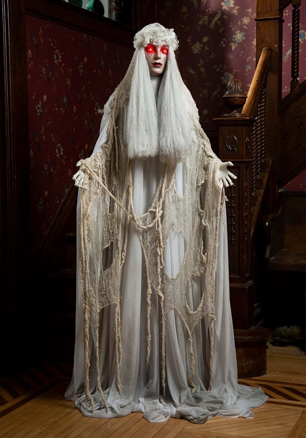 Fun Costumes Venetian Victoria White Ghost Light-Up Eyes LED Poseable Indoor Decoration Figure 66 Inches Tall, Arms Foam-Covered Wire - Standard, Gray