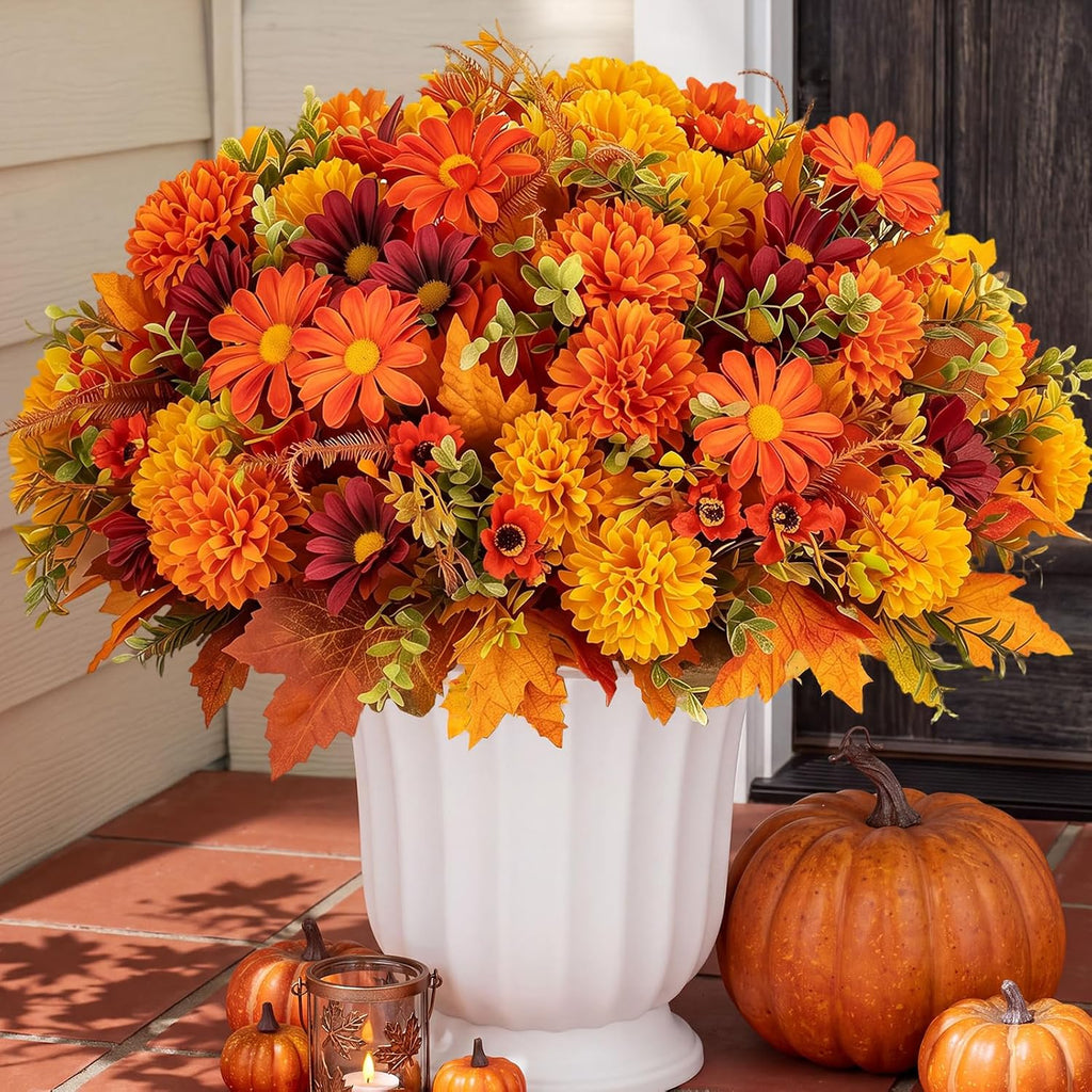 BLOSMON Faux Mums for Outdoor Planters: Realistic Fall Flowers Artificial