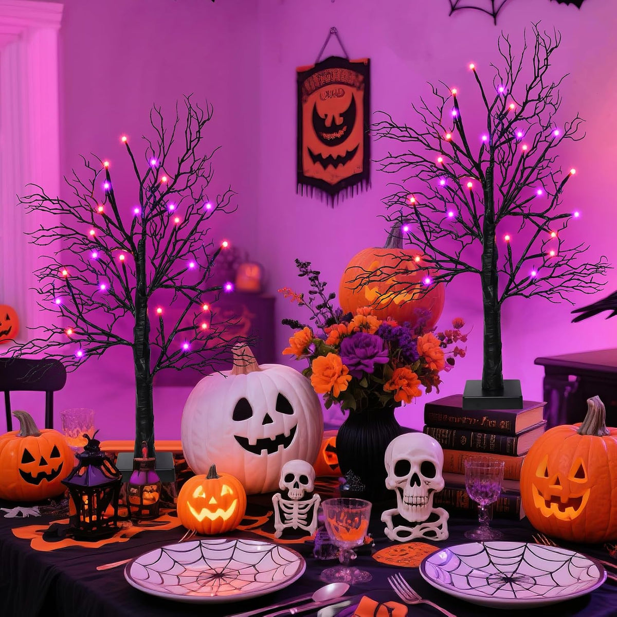 Halloween Decorations Indoor-2 Pack 24 Inch Lighted Black Halloween Tree