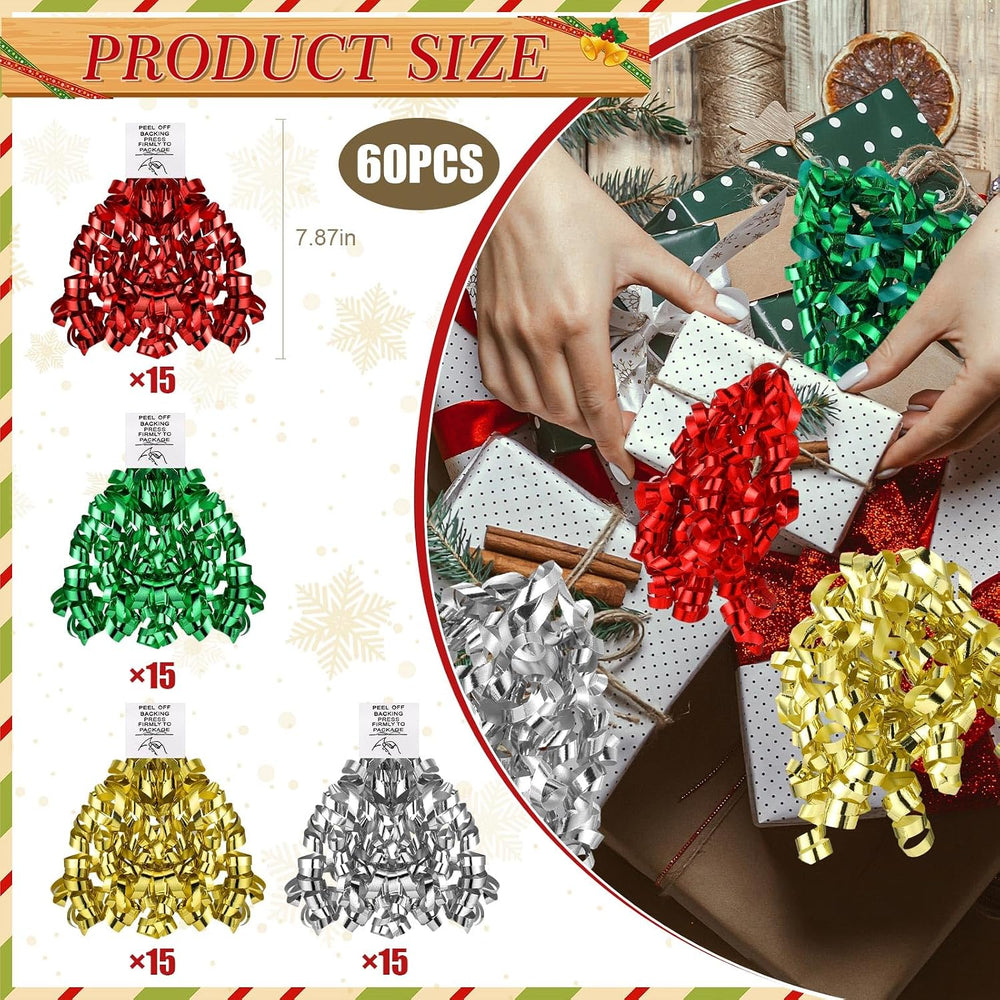 Lyrow 60 Pcs Christmas Metallic Curly Bow Self Adhesive, Multicolor