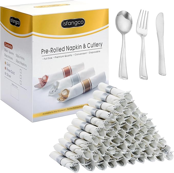 50 Pack Pre Rolled Silver Plastic Silverware Set, Disposable Wrapped Plastic Cutlery Set (50 Forks, 50 Knives, 50 Spoons, 50 Napkins) for Wedding Party