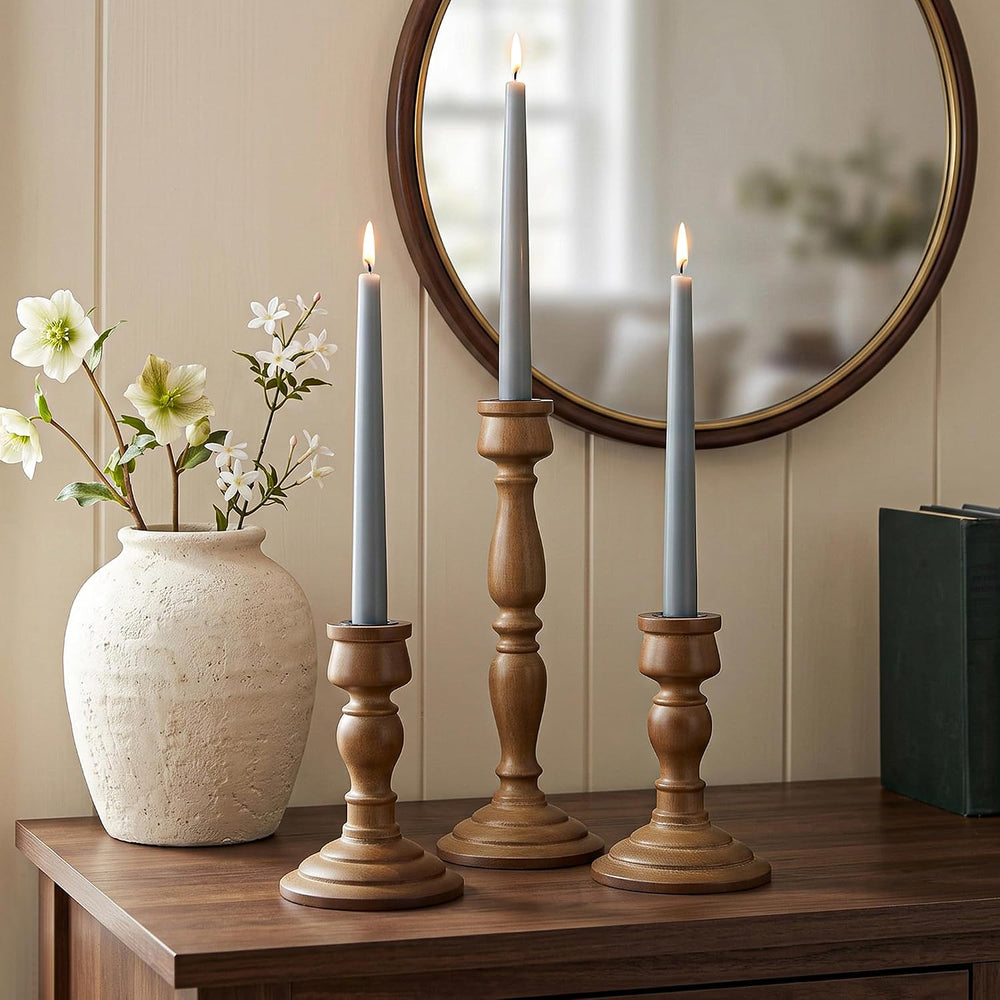 Wooden Taper Candle Holders Set of 3, Rustic Brown Farmhouse Decor
