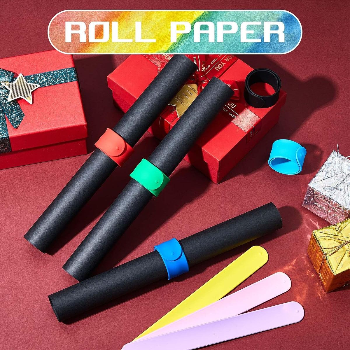 Leyndo 32 Pcs Wrapping Paper Roll Holder Clips Silicone Covered Metal Strips Flip 1 x 9 in Poster Holder Slap Band for Christmas Wedding Graduation Gift Wapping