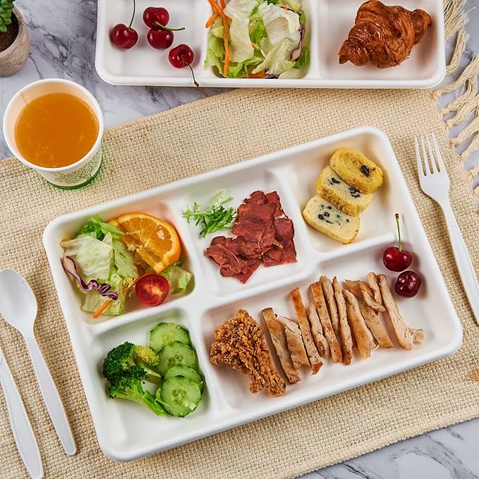 ECOLipak 100% Compostable 5 Compartment Plates, 100 Pack Disposable Compartment Paper Plates, 12.5 * 8.6 inch Biodegradable Sugarcane Plates, Eco-Friendly School Lunch Trays