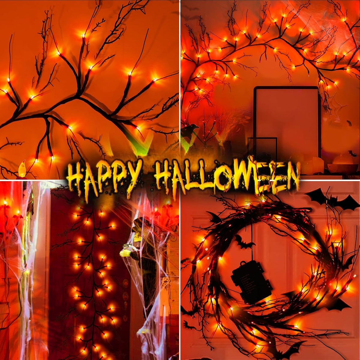 [8 Modes & Timer] 9 Ft Halloween Garland Willow Vine Twig Decor with 72 LED Orange Lights - Waterproof Battery Operated Indoor Wall Fireplace Decorations