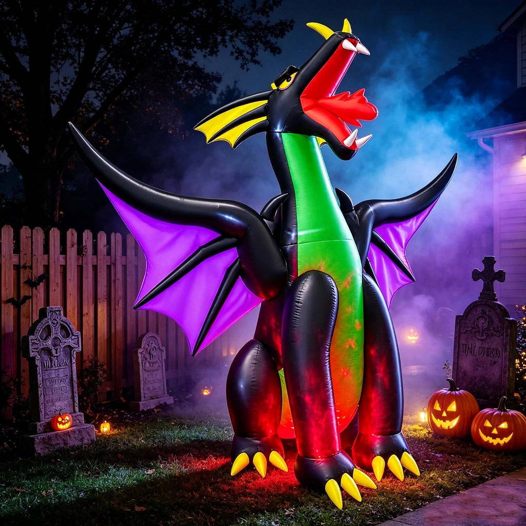 SEASONBLOW 9Ft Long Halloween Inflatable Giant Fire & Ice Dragon Decoration