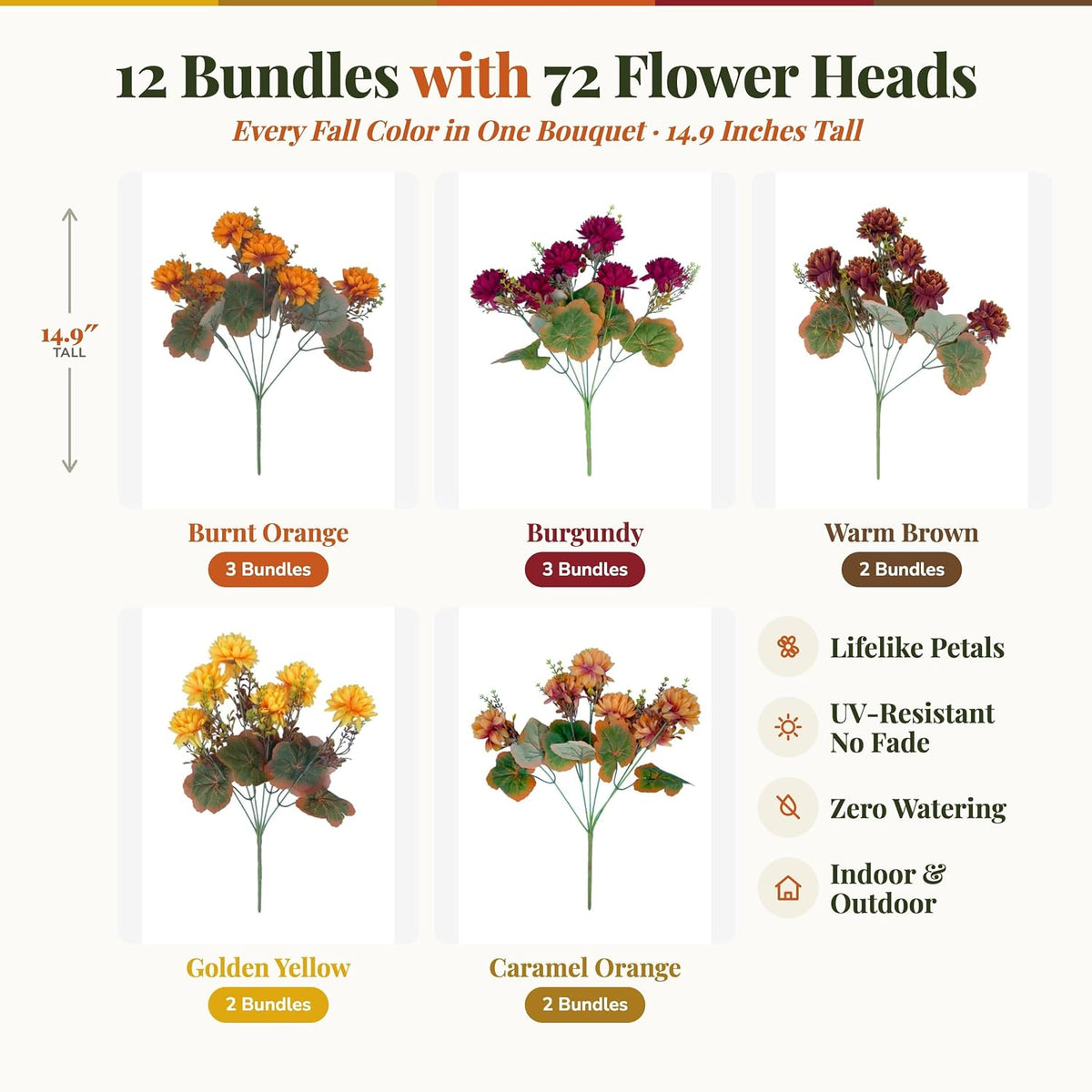 AXYLEX Artificial Mums for Outdoors, 12 Bundles Fake Fall Flowers (Multi)