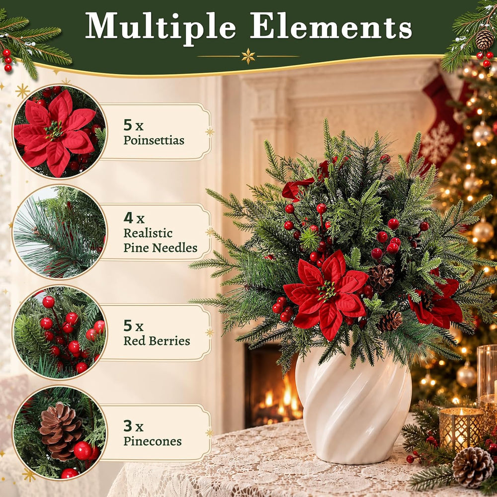 2 Pack Artificial Poinsettia Flowers with Pinecones for Christmas Decor
