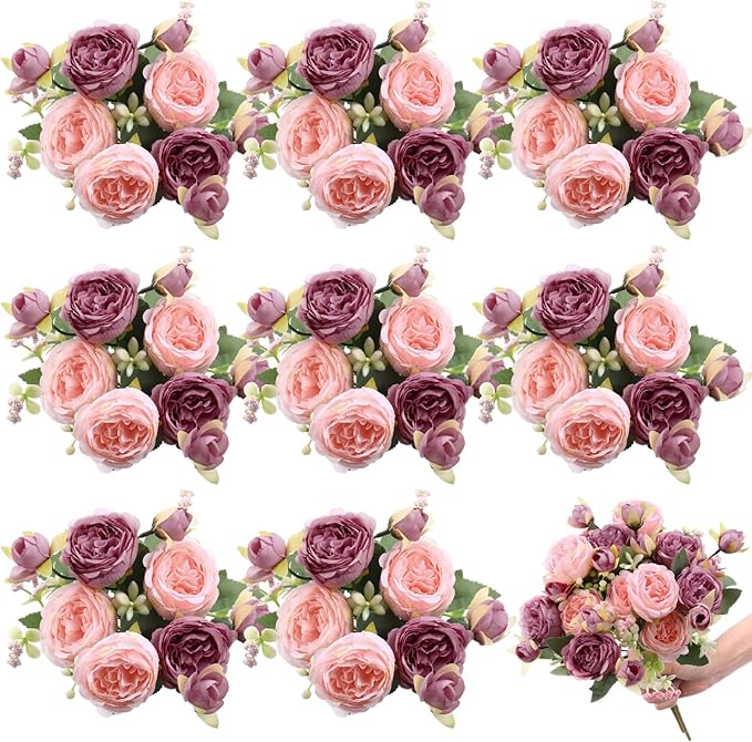 8 Bundles Artificial Peonies Flowers Boho Faux Flowers Arrangements Artificial Centerpiece Spring Bouquet Floral Wedding Decoration for Vase(Pink, Dark Pink)