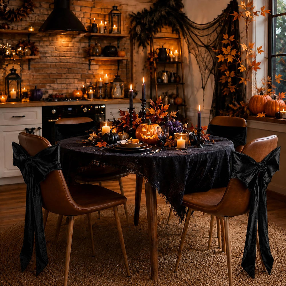 6 Pcs Black Velvet Chair Bow Sashes, 33"L Halloween Chair Bow Cover Decor