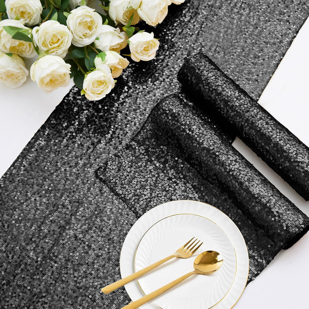 Aormenzy 12 Pack Black Sequin Table Runner 12" x 72"