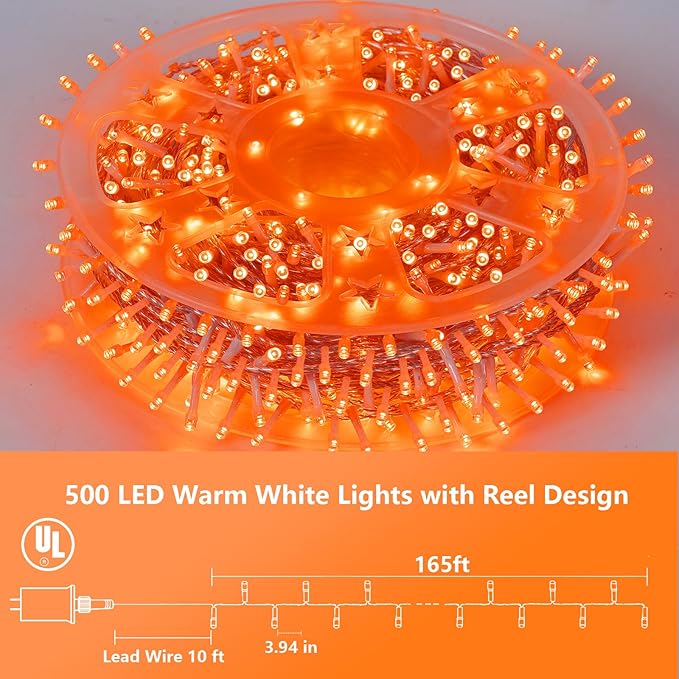 YEGUO 165ft 500 LED Halloween Lights Outdoor Waterproof, Orange String Lights Indoor Plug in, 8 Modes Clear Wire Orange Lights for Halloween