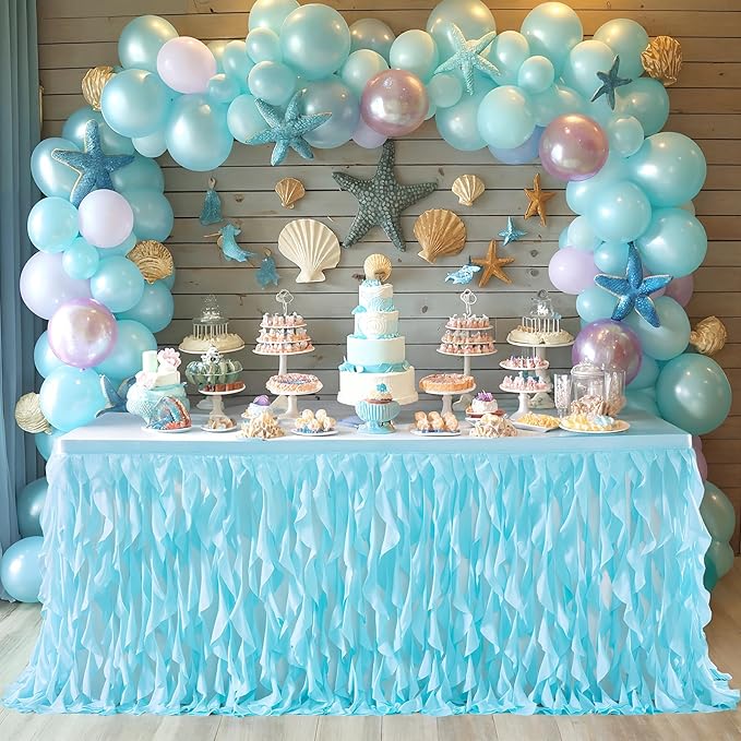 PARTISKY Aqua Blue Tulle Curly Willow Table Skirt for Rectangle Table 9ft, Ruffle Tutu Table Cloth for Boys Baby Shower,Birthday Party Candy Cake Tables