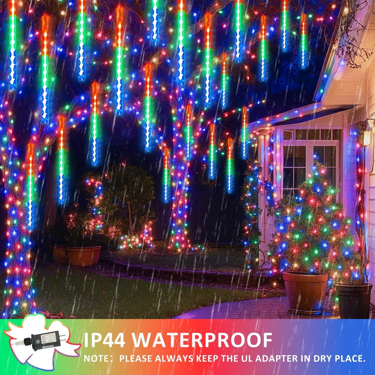 christmas lights outdoor 16 tubes 384 leds meteor shown in use