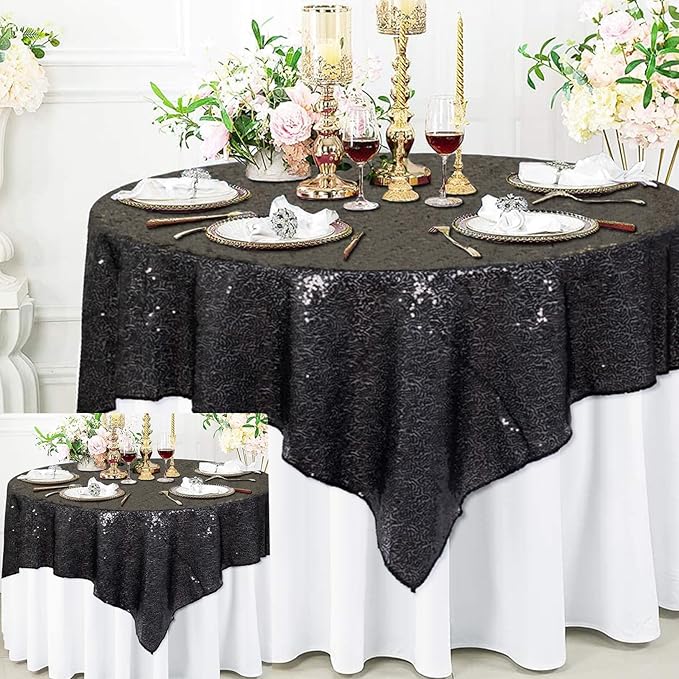 ShinyBeauty 2 Pack 72x72 Inch Black Sequin Tablecloths - Elegant Square Glitter Tablecloth Overlay for Halloween, Wedding, and Birthday Decor