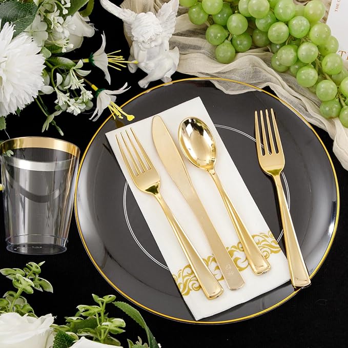 Supernal 350PCS Clear and Gold Plastic Dinnerware Set Include Clear Disposable Plates, Gold Plastic Silverware Heavy Duty, Cups and Napkins for Birthday, Weddings, Parties