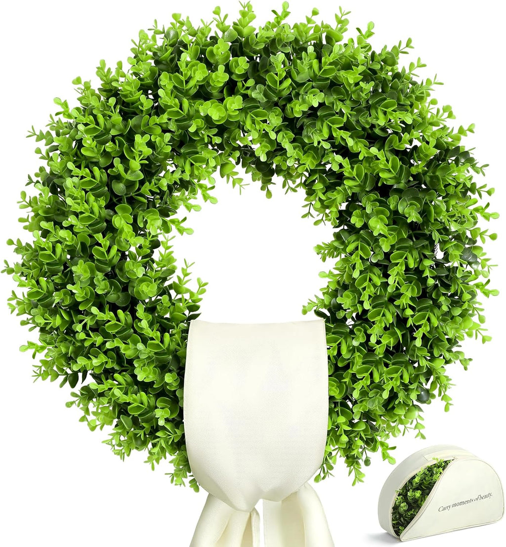 24" Boxwood Wreaths for Front Door – Large Boxwood Wreath with Sash