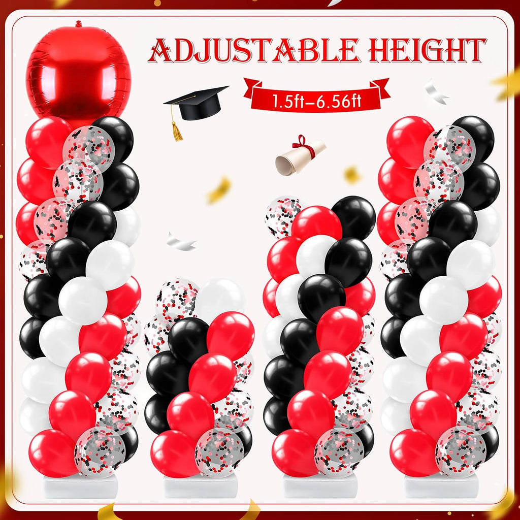 2 Sets Red Black and White Balloon Column Stand Kit, Adjustable Floor Balloon Arch Tower with Foil & Latex Balloons, DIY Decor for Birthday Ceremony Backdrop