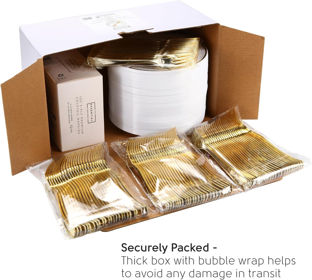 Gold Dessert Plates Set, 100 Wedding Cake Plates, Forks and Napkins, 7.5 In