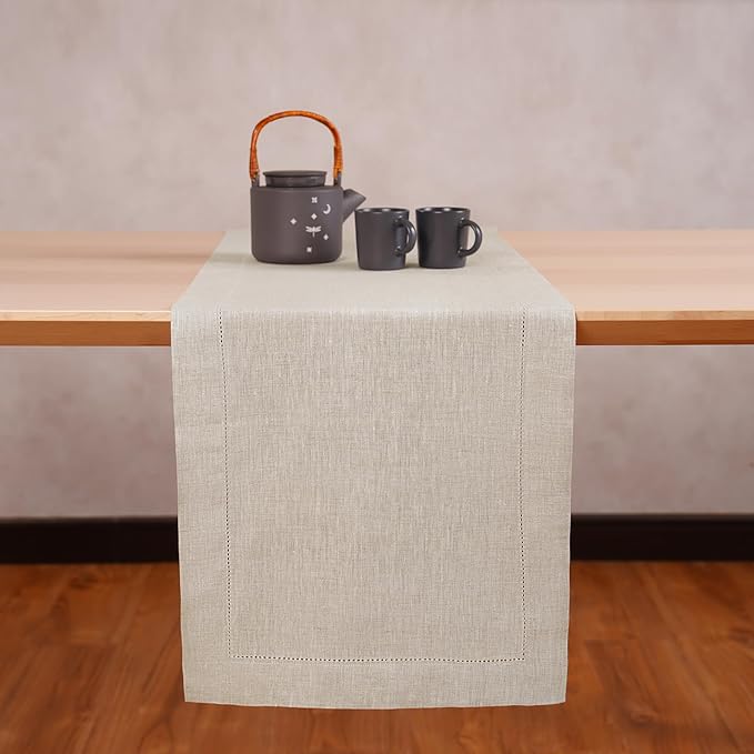 Linen Light Natural Table Runner 90 Inches - 100% Pure Linen Cloth Fabric Hemstitch Table Runner 14 x 90 Inch for Dining, Dresser, Thanksgiving, Fall Christmas - Lino