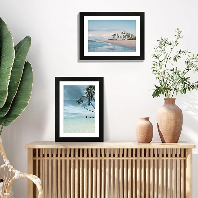 10x14 Picture Frame Set of 4 with Tempered Glass, Black Frame Display 8x12 Picture with Mat or 10 x 14 Without Mat, Rustic Wood Photo Frames for Horizontal or Vertical Wall Mounting