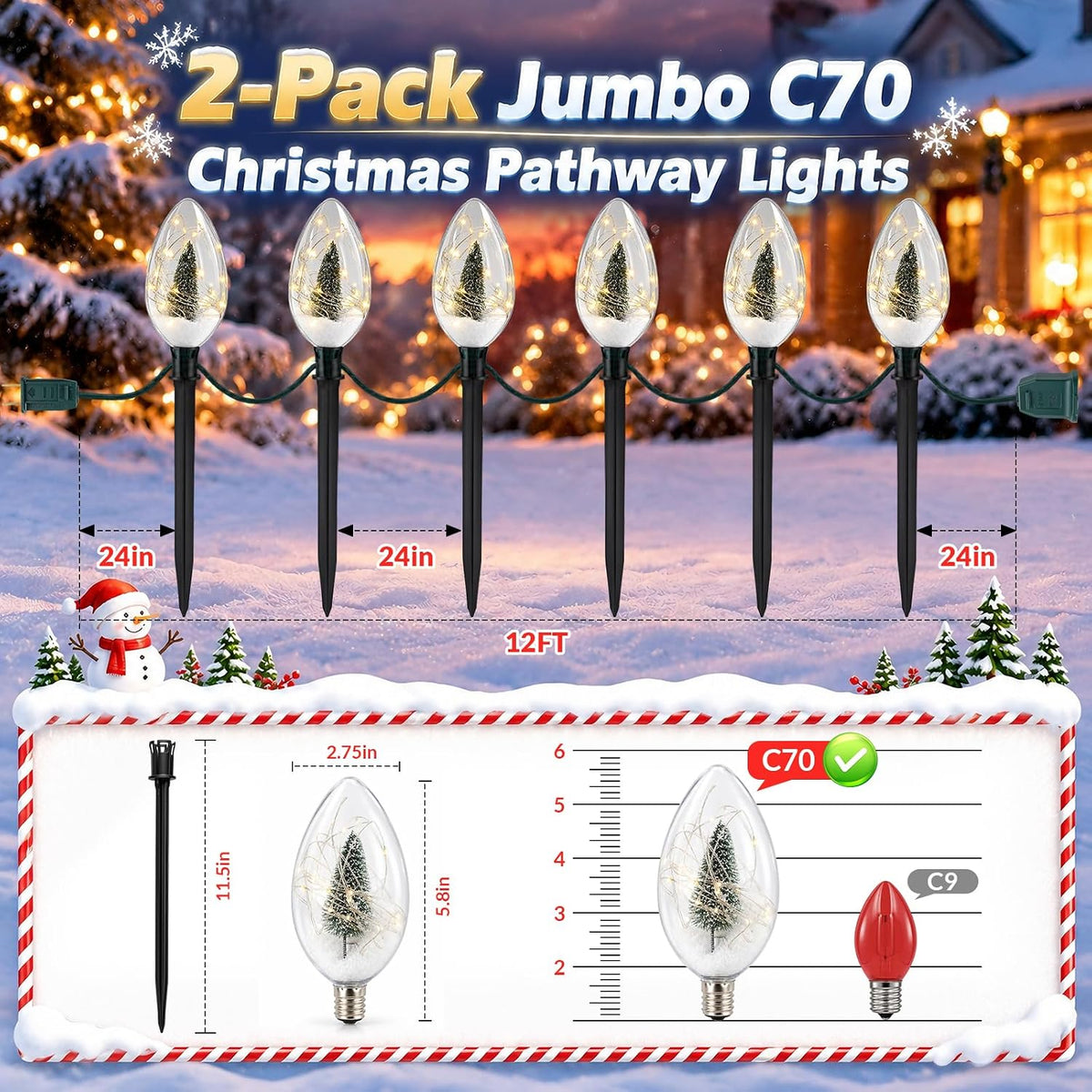 jumbo c70 christmas pathway lights outdoor, 24ft 12led on a desk or shelf