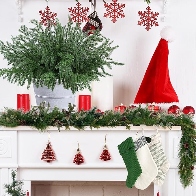 12 Pcs Christmas Norfolk Pine Branches, Artificial Pine Christmas Stems Real Touch Faux Greenery Pine Picks for Vase DIY Garland Wreath Home Indoor Outdoor Decoration