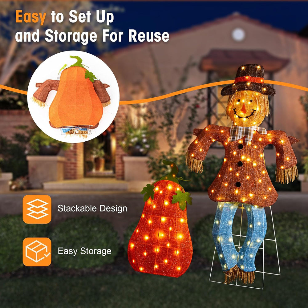 Glitzhome 4FT Fall Lighted Outdoor Scarecrow Decor, 2-Piece Pre-lit 2.5D Scar...