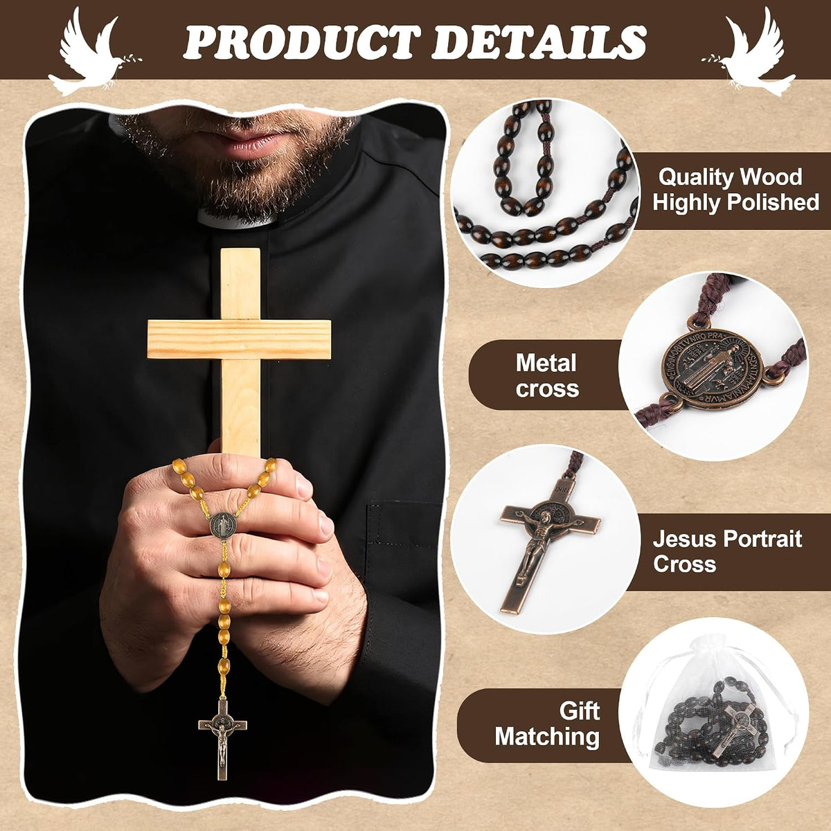 60 set wooden rosary beads bulk wood rosaries, close-up detail